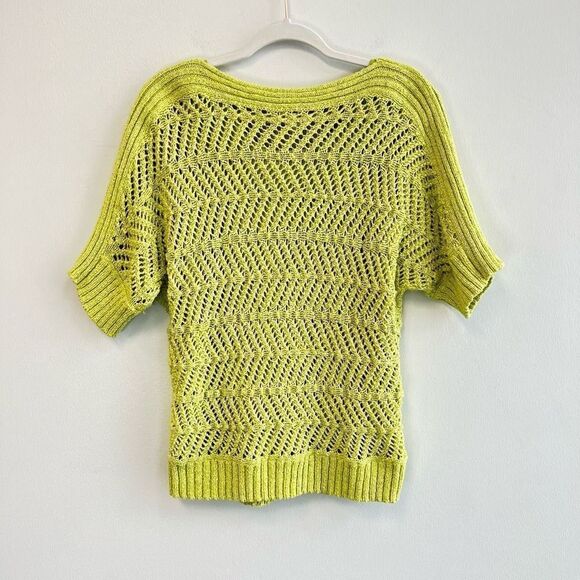 Chico’s Size 2(XL) Yellow Crocheted Knit Short Sleeve Blouse Shirt Top Stretch - Picture 6 of 10